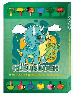 Kleurboek Box met 12 potloden en gummen - Dino's