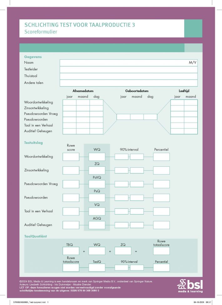 Schlichting Test voor Taalproductie 3 - Scoreformulieren