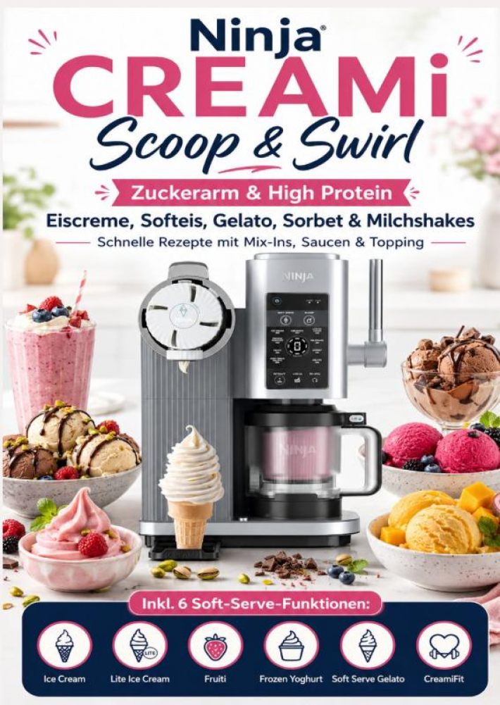 Ninja CREAMi Scoop & Swirl – Zuckerarm & High Protein Eiscreme, Softeis, Gelato, Sorbet & Milchshakes – schnelle Rezepte mit Mix-Ins, Saucen & Topping Ninja CREAMi Scoop & Swirl – Zuckerarm & High Protein Eiscreme, Softeis, Gelato, Sorbet & Milchshakes – schnelle Rezepte mit Mix-Ins, Saucen & Topping